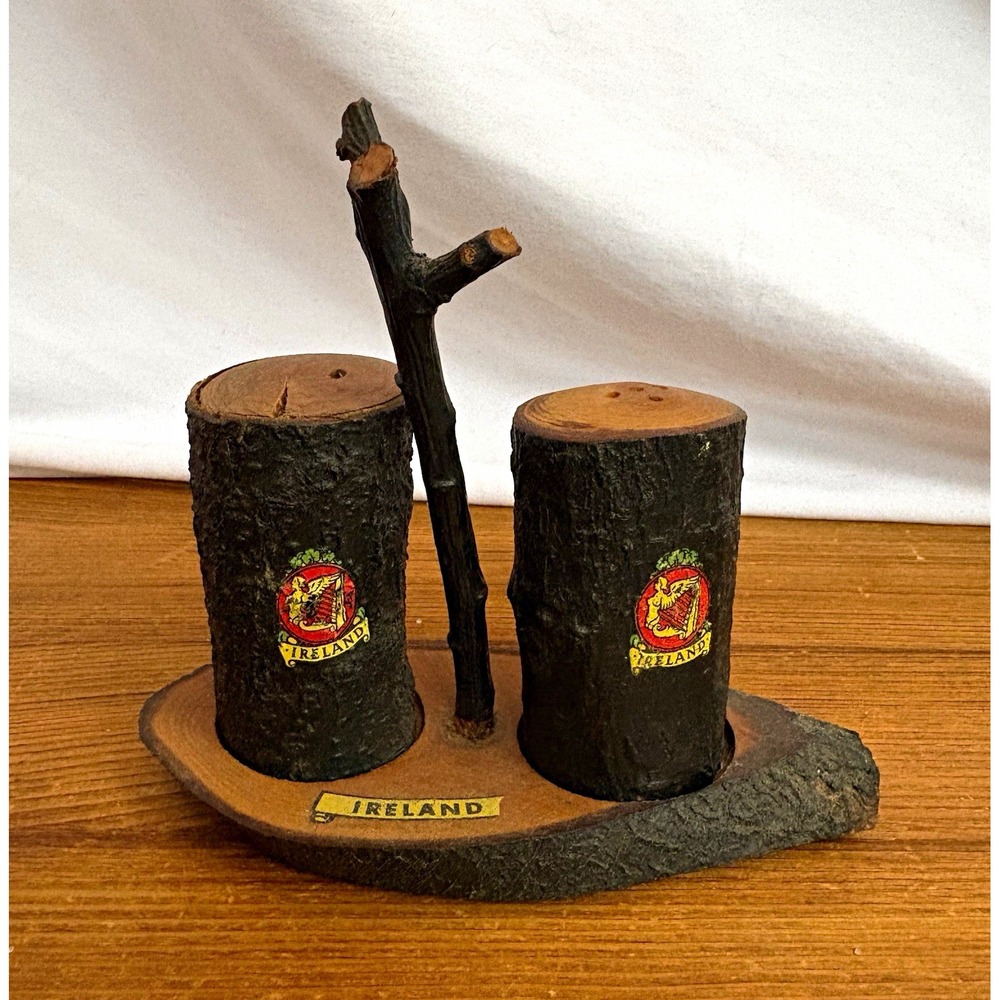 Handmade Ireland Irish Blackthorn Wood Salt & Pepper Shakers w/ Stand